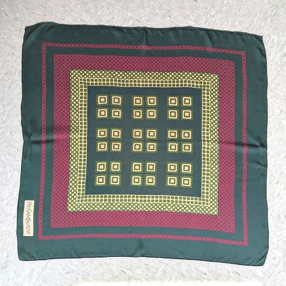 Yves Saint Laurent Vintage 90s Silk‎ Scarf Green Burgundy Geometric Square Logo